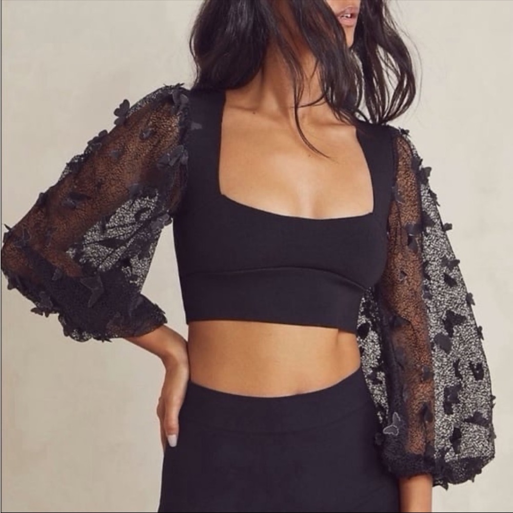 Free People Flutter By Crop Black Lace Top Sheer Sleeve Size Small - Picture 2 of 4